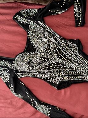 Banjul Black Long-Sleeve Embellished Bodysuit with Iridescent Stones